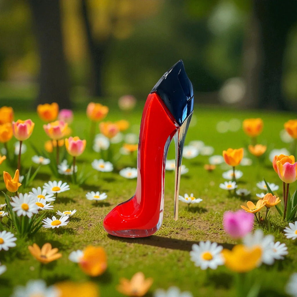 A glossy red high-heeled shoe with a dark navy pointed toe stands on a grassy field surrounded by small white, yellow, and pink flowers.