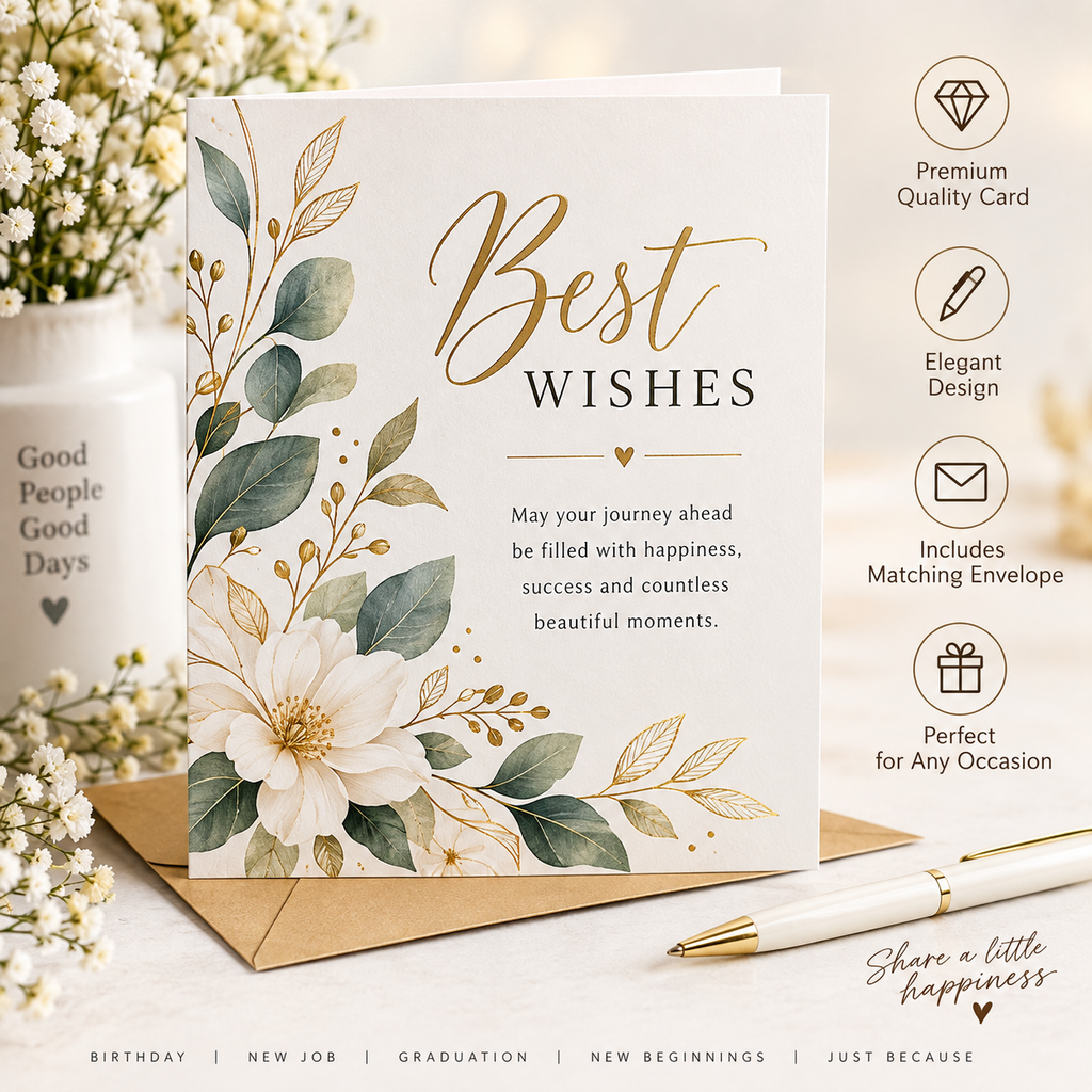 Best Wishes Greeting Card with Envelope – Elegant Floral Greeting Card for Any Occasion