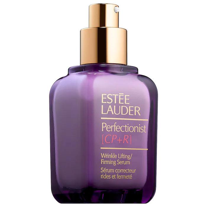 Estée Lauder Perfectionist [CP+R] Wrinkle Lifting/Firming Serum in a purple glass bottle with a gold pump dispenser, shown on a plain white background.