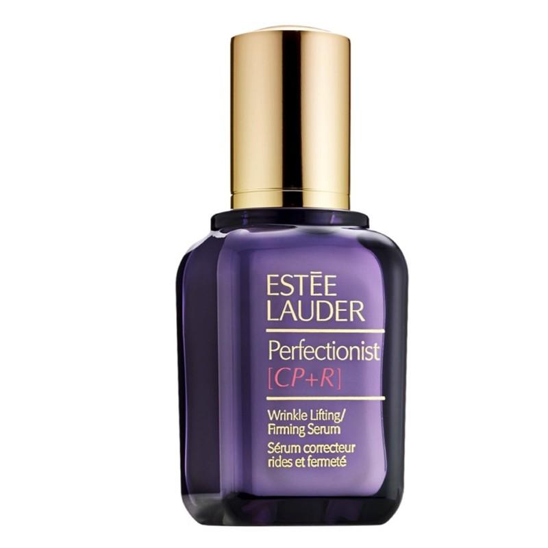 Estée Lauder Perfectionist [CP+R] Wrinkle Lifting/Firming Serum in a dark purple glass bottle with a metallic gold cap, shown on a plain white background.