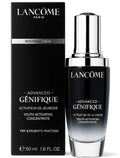 Lancôme Paris Advanced Génifique Youth Activating Concentrate shown with its black retail box and the dark glass bottle with a reflective silver cap on a white background.