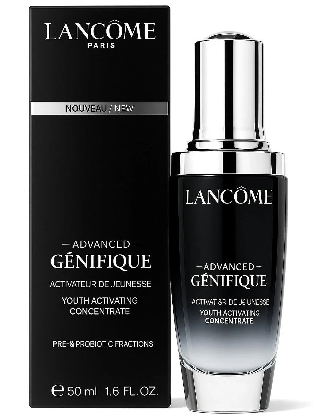 Lancôme Paris Advanced Génifique Youth Activating Concentrate shown with its black retail box and the dark glass bottle with a reflective silver cap on a white background.