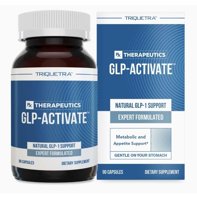 Triquetra GLP-Activate dietary supplement shown as an amber bottle with a white cap next to its blue and white retail box. The packaging features the Triquetra and Rx Therapeutics branding and highlights natural GLP-1 support and 90 capsules.