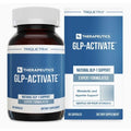 Triquetra GLP-Activate dietary supplement shown as an amber bottle with a white cap next to its blue and white retail box. The packaging features the Triquetra and Rx Therapeutics branding and highlights natural GLP-1 support and 90 capsules.
