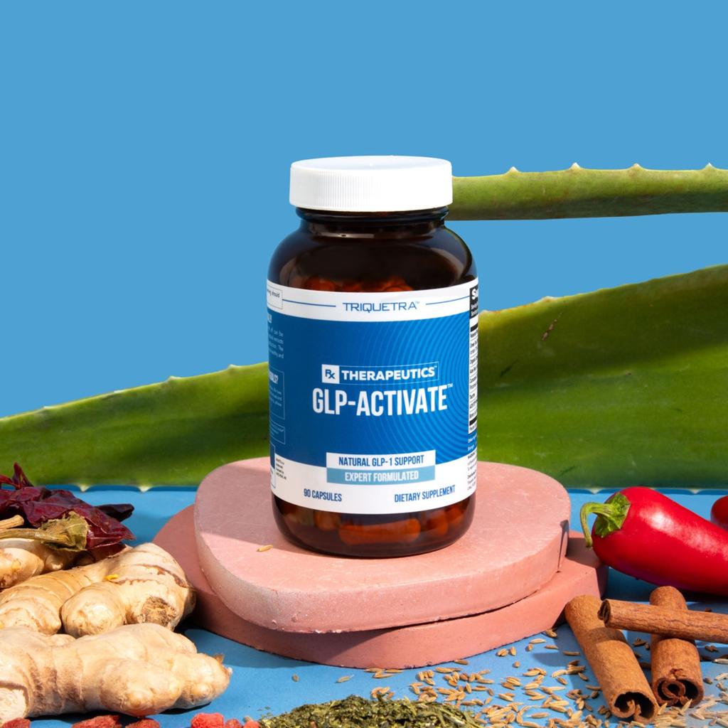 Bottle of Therapeutics GLP-Activate supplement with natural ingredients on a blue background