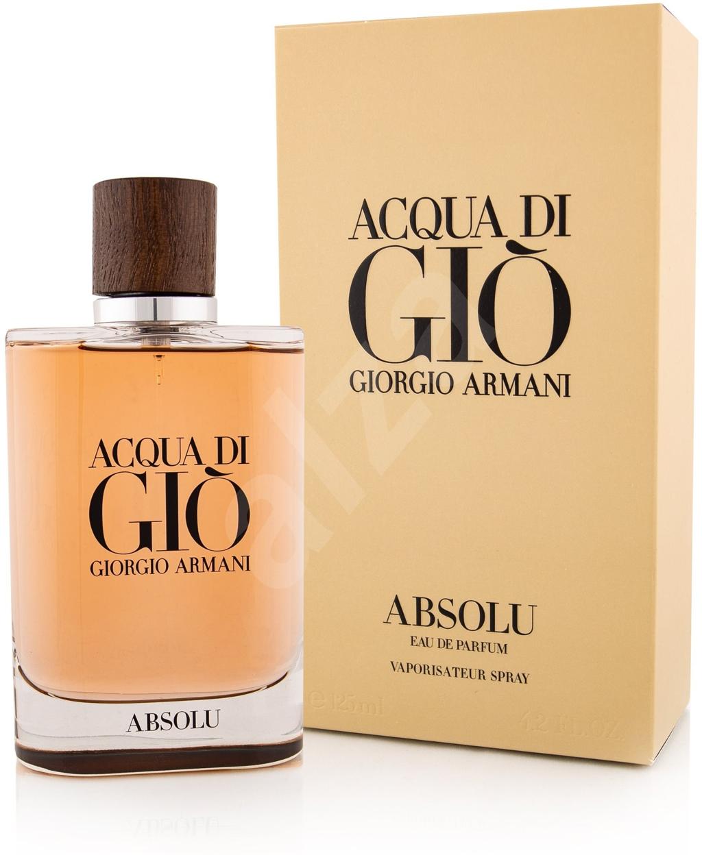 Giorgio Armani Acqua di Gio Absolu Eau de Parfum bottle with amber liquid and a dark wood cap, shown next to its beige packaging box on a white background.