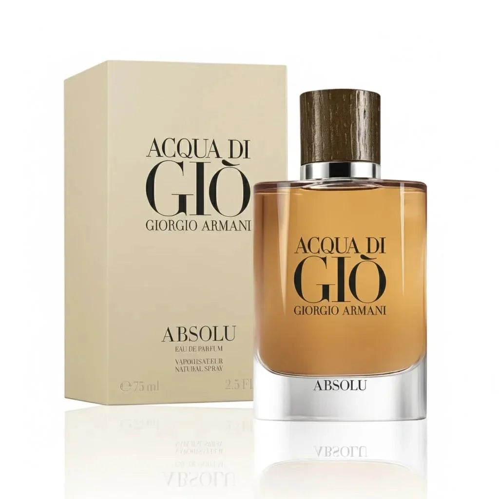 Giorgio Armani Acqua di Gio Absolu Eau de Parfum bottle with amber liquid and a dark wood-textured cap, shown next to its beige packaging box on a white background.