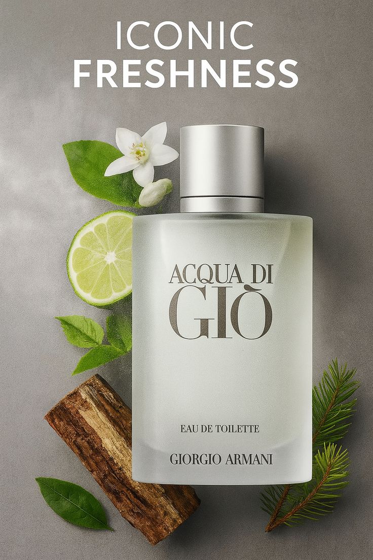 Acqua di Giò perfume bottle with lime, leaves, and flowers on a gray background