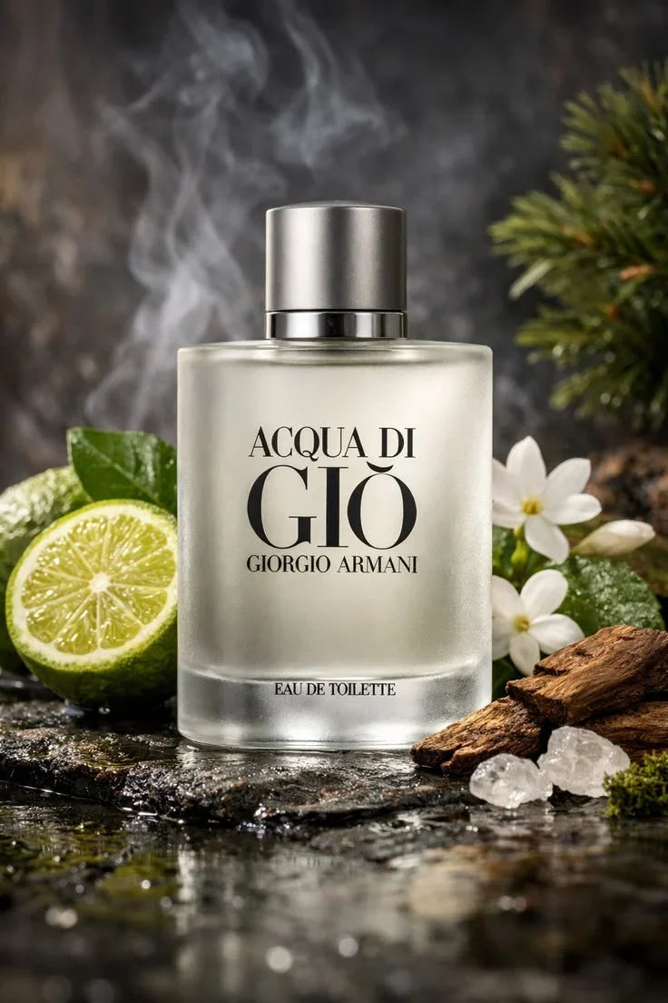 Giorgio Armani Acqua di Giò perfume bottle with lime, flowers, and wood on a dark background