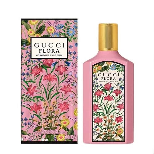 Gucci Flora perfume bottle and packaging with floral design on a white background