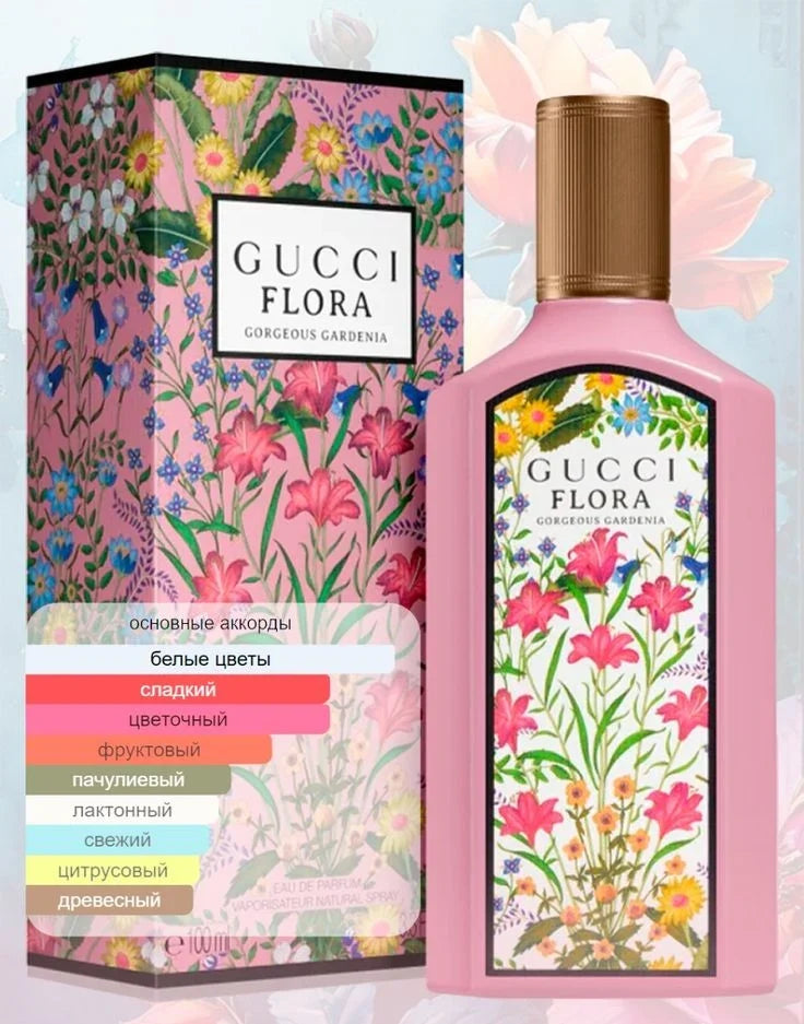 Gucci Flora perfume bottle and packaging with floral design on a light background