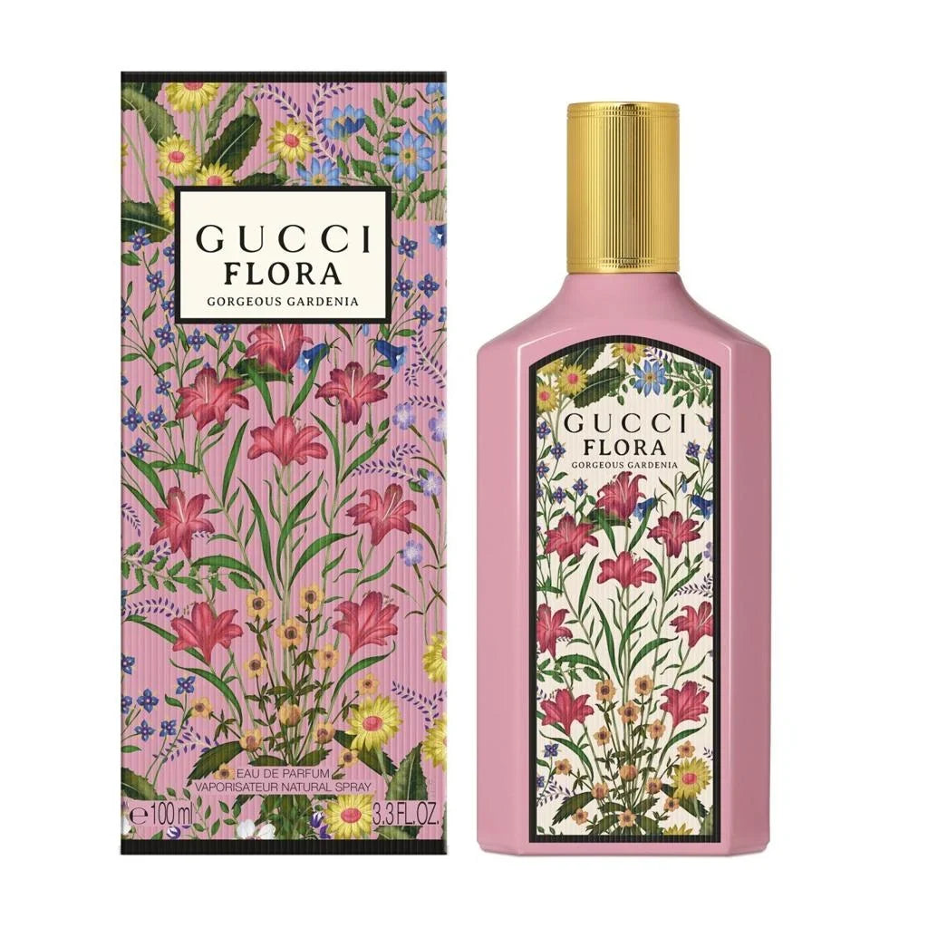 Gucci Flora perfume bottle and packaging with floral design on a white background