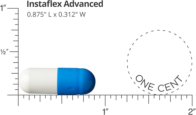 Blue and white cylindrical object labeled 'Instaflex Advanced' with a measurement scale showing dimensions and a comparison to a one cent piece.