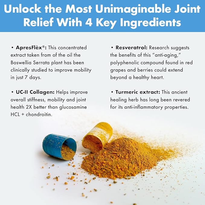 Product packaging with powdered substance and text about joint relief ingredients on a white background.