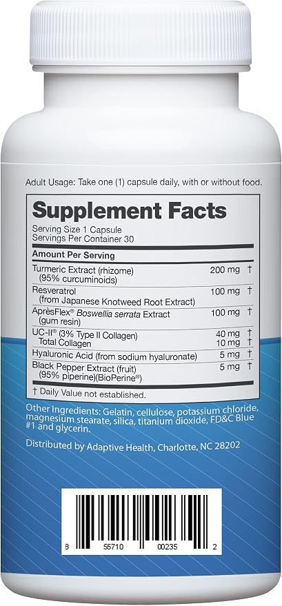 Back side of a white plastic supplement bottle showing the Supplement Facts label with a blue lower section and a barcode.