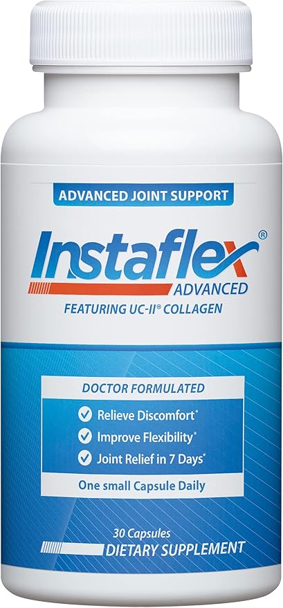 A white bottle of Instaflex Advanced dietary supplement with a blue and white label, featuring the brand name 'Instaflex' and text for 'Advanced Joint Support'.