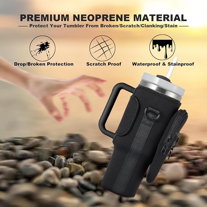 Black neoprene tumbler holder with tumbler on rocks, showing features like drop protection and scratch proof.