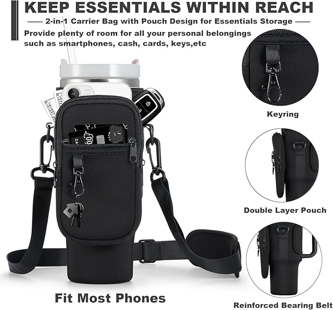 Black 2-in-1 carrier bag with pouch design for essentials storage, featuring keyring, double layer pouch, and reinforced bearing belt.
