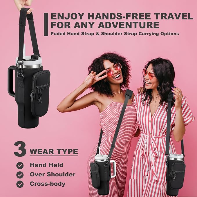 Two women wearing black carrying cases with straps on a pink background, promoting hands-free travel.