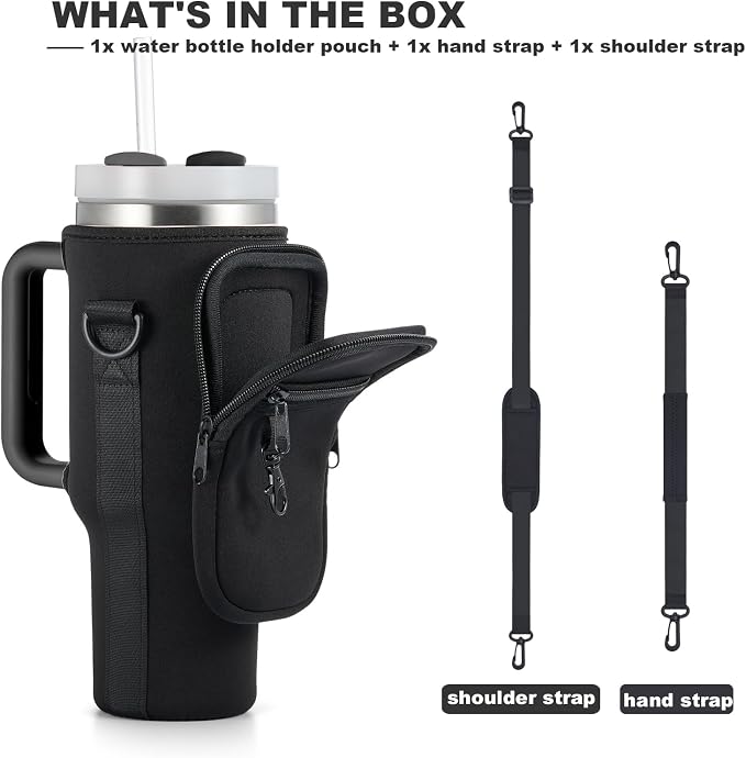 Black water bottle holder pouch with shoulder and hand strap on a white background