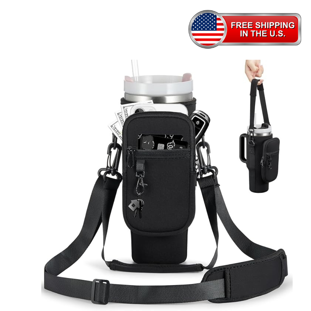 A black crossbody tumbler bag with a shoulder strap, shown holding a stainless steel tumbler and accessories. A smaller inset on the right shows a hand holding the bag by its strap.