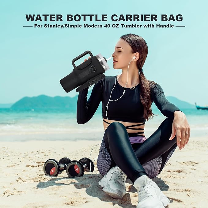 Woman on a beach holding a water bottle carrier bag with text about Stanley/Simple Modern tumblers.