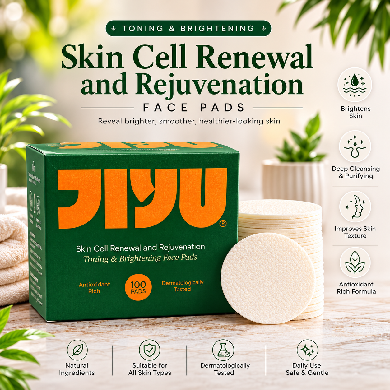 JIYU Skin Cell Renewal & Rejuvenation Toning and Brightening Face Pads – Exfoliating Toner Pads for Glowing Skin, Dark Spots, Uneven Tone & Deep Cleansing – Antioxidant Rich, Dermatologically Tested – 100 Pads