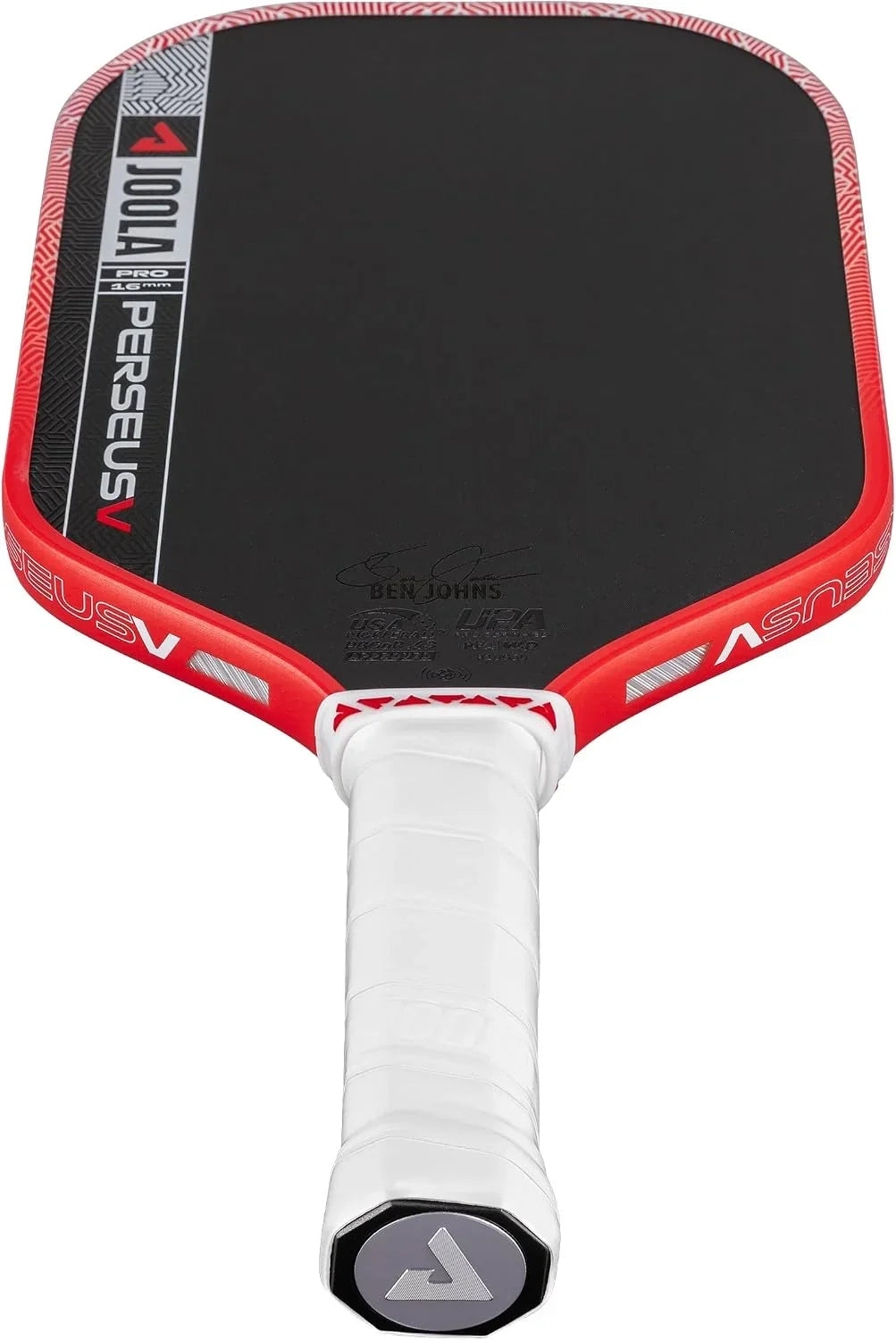 A red and black ASV Pucksv V2.0 pickleball paddle with a white wrapped handle, shown against a solid white background.