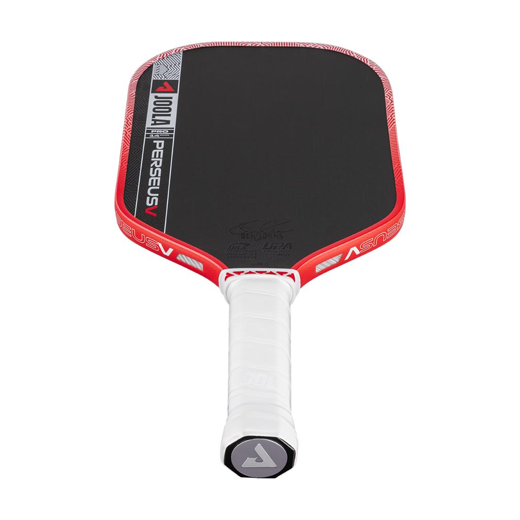 Red and black pickleball paddle with white handle on a white background