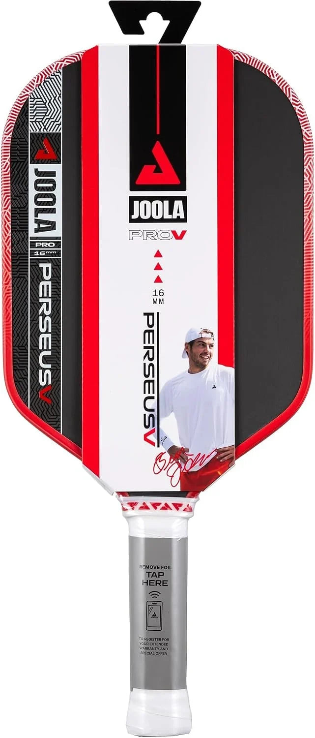 A Joola Perseus X pickleball paddle featuring a white, red, and black design with a printed photo of player Mark Hantila on the face, set against a plain white background.