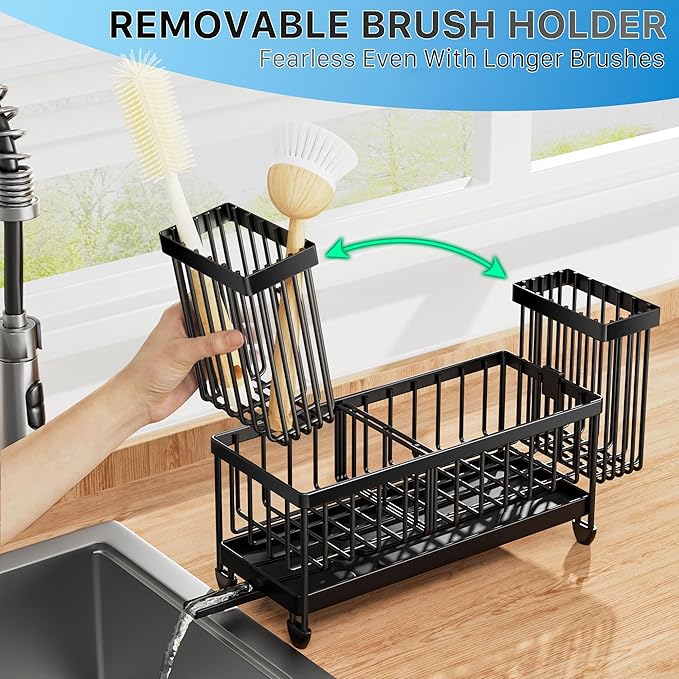Black dish rack with removable brush holder on a kitchen counter.