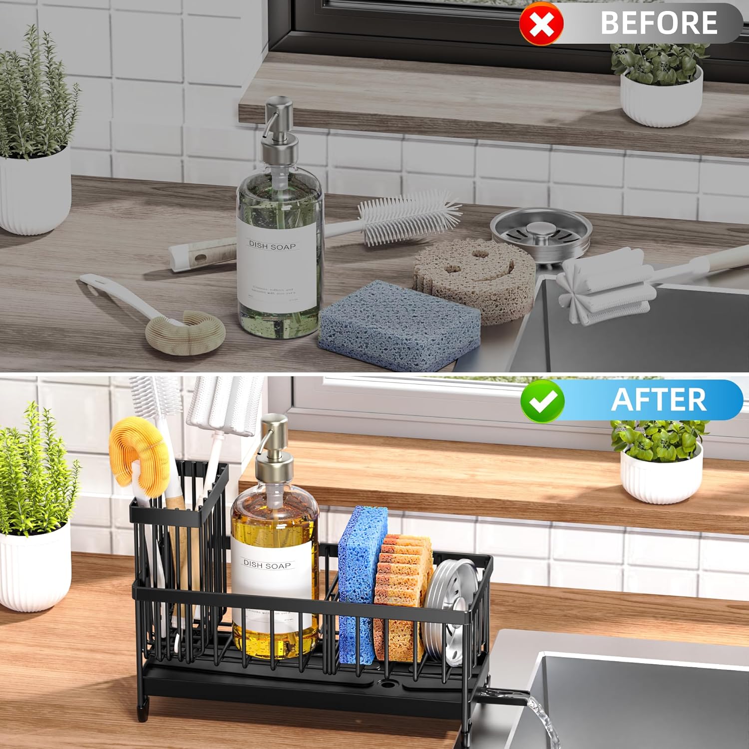 Before and after comparison of a kitchen counter with cleaning supplies and a black dish rack.