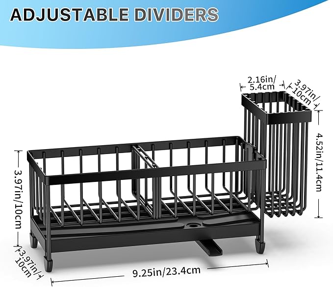 Black dish drying rack with adjustable dividers and measurements on a white background