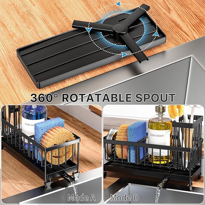 Black dish drying rack with 360-degree rotatable spout on a wooden surface.