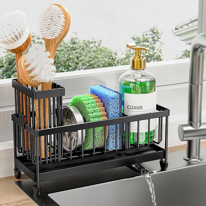 Kitchen sink caddy with cleaning supplies next to a faucet