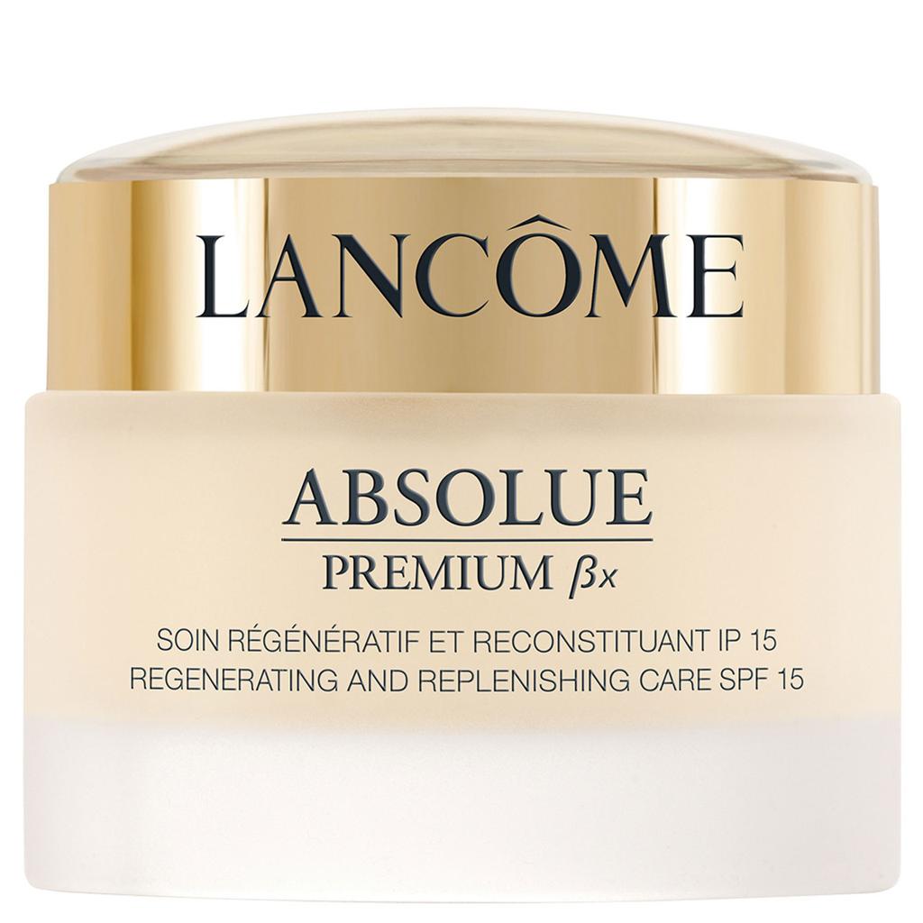 Lancôme Absolue Premium bøx for SPF 15, featuring a cream-colored jar with a metallic gold lid and black lettering, set against a plain white background.