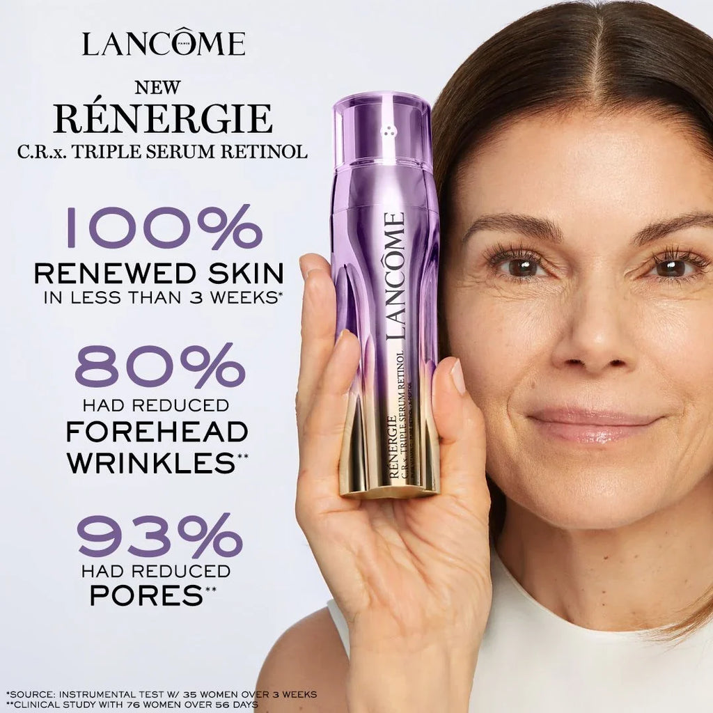 Lancème Rénergie C.Rx. Triple Serum Retinol bottle held by a woman with product benefits text.