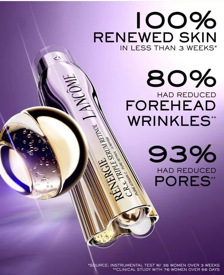 Lancème eye serum with promotional text on a purple background