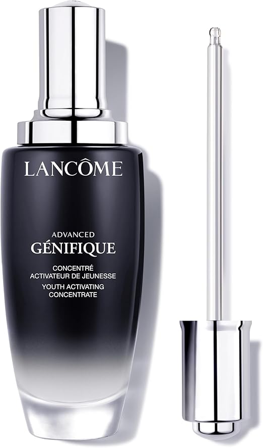 Lancème Advanced Génifique skincare serum with dropper on a white background
