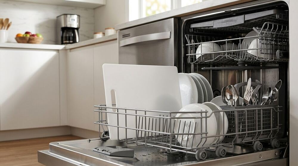 Dishwasher with dishes inside in a kitchen setting