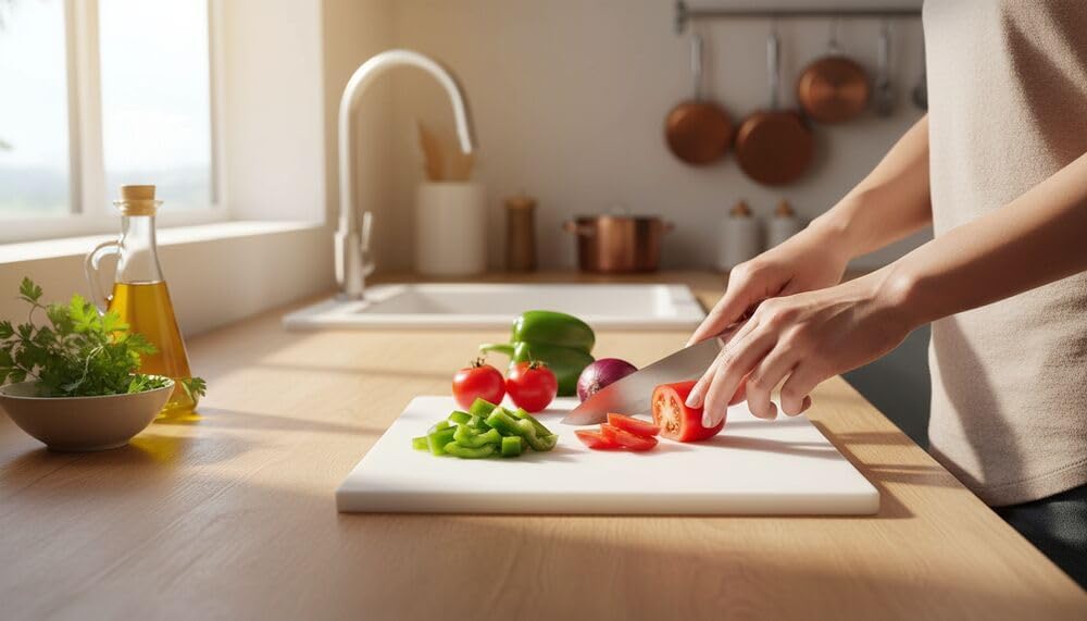 Person chopping vegetables on a cutting board in a kitchen
