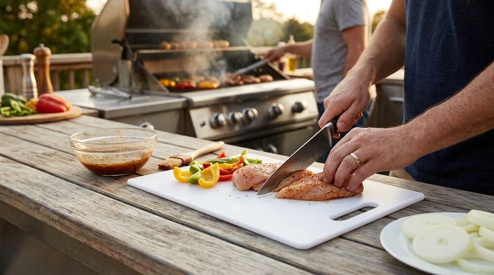 Person cutting chicken on a cutting board with a grill in the background
