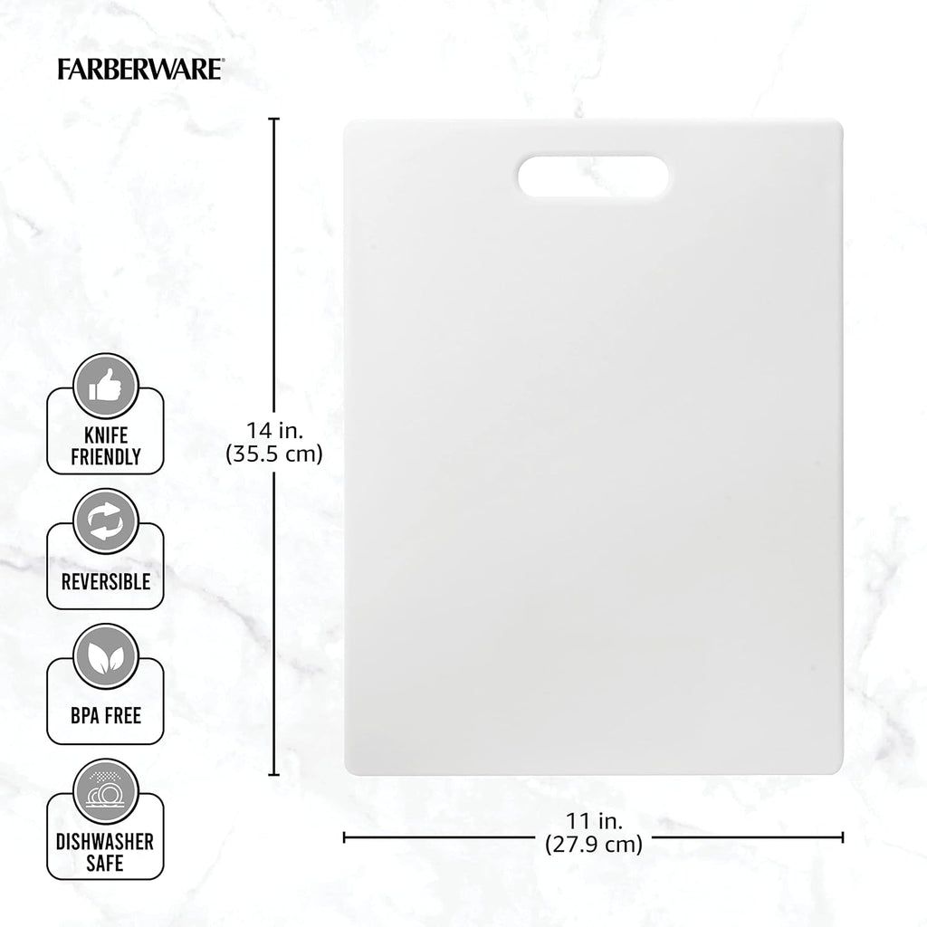 White Farberware cutting board shown on a light marble background with dimension lines indicating 14 in. height and 11 in.