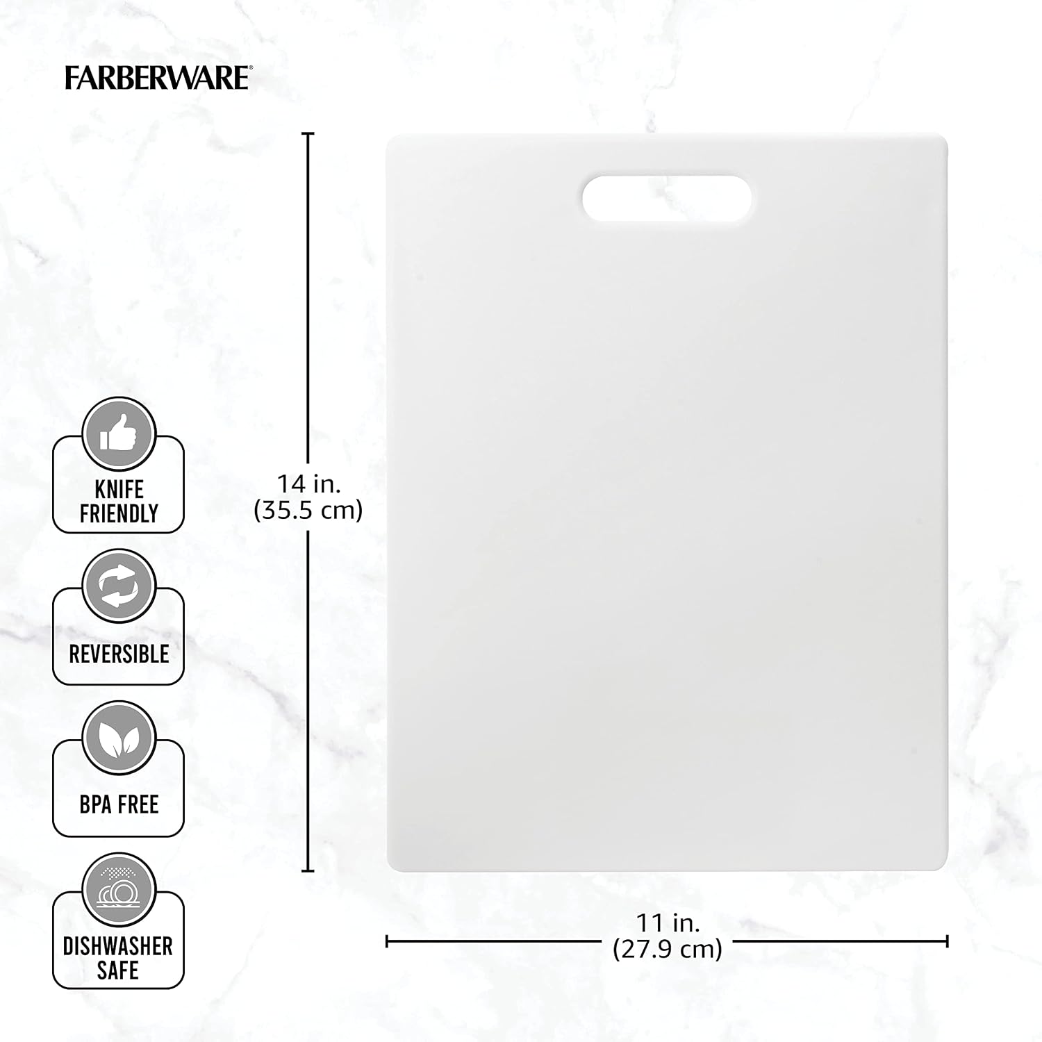 White Farberware cutting board shown on a light marble background with dimension lines indicating 14 in. height and 11 in.