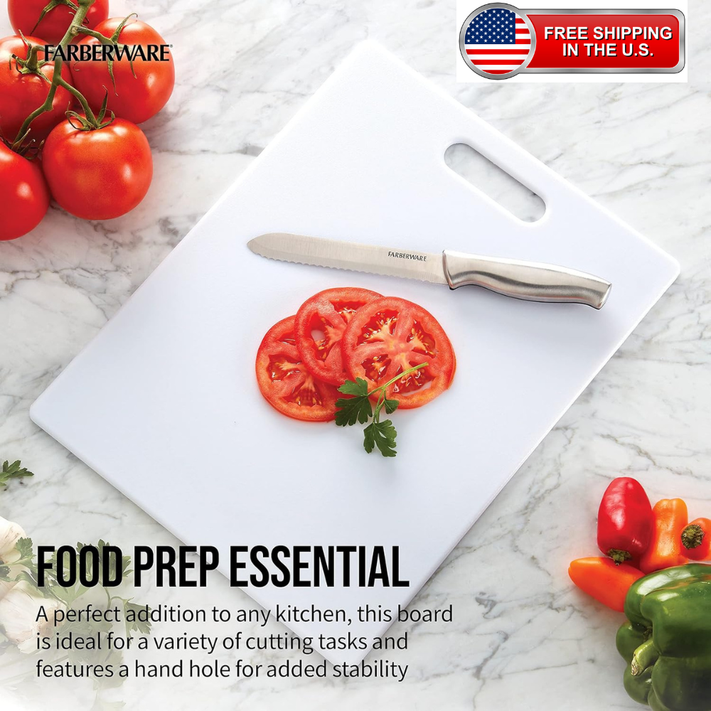Farberware white cutting board with a serrated stainless steel knife, shown on a white marble surface with sliced tomatoes and vegetables. Text reads 'FOOD PREP ESSENTIAL' and includes a 'FREE SHIPPING IN THE U.