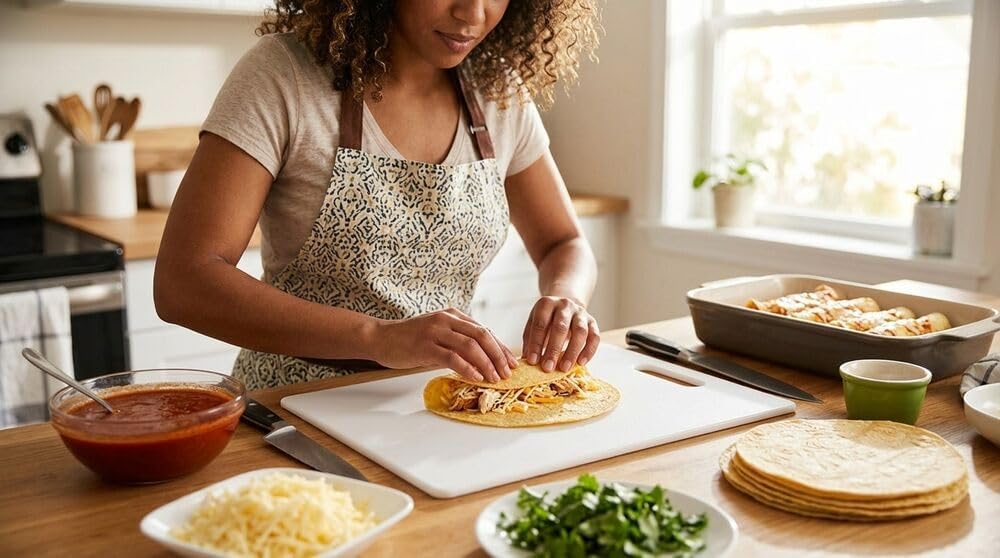 Person preparing food on a cutting board in a kitchen