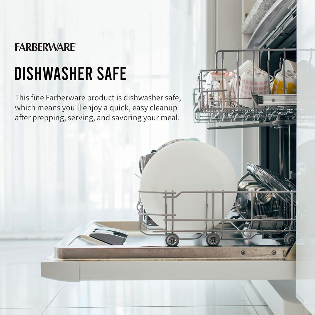 Dishwasher with Farberware products inside, text about dishwasher safety.