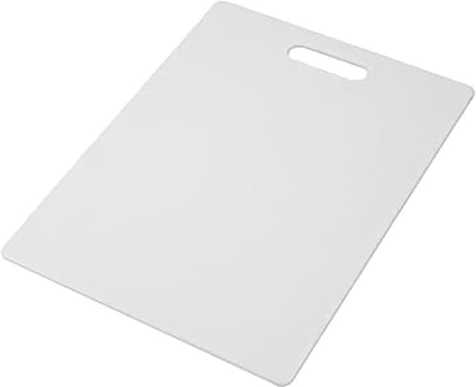 A white rectangular cutting board with rounded corners and a handle cutout at the top, shown on a plain white background.