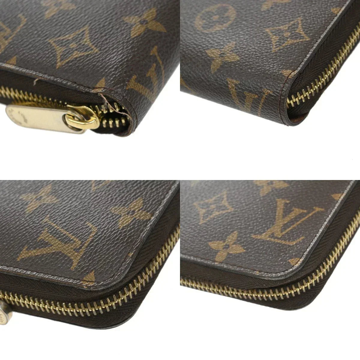 Close-up of a Louis Vuitton wallet with monogram pattern and gold zipper.