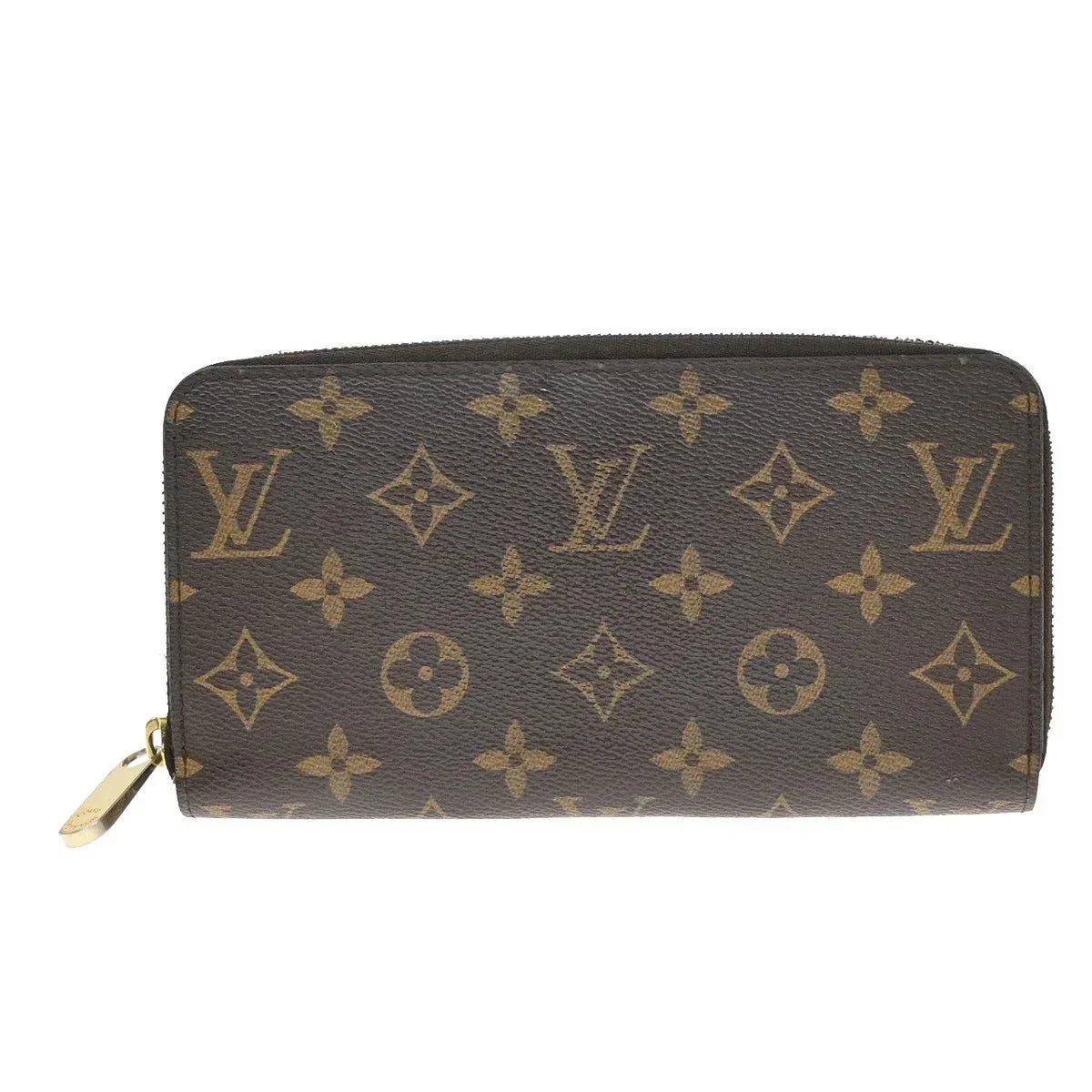 Louis Vuitton monogram canvas zip-around wallet in dark brown with tan monogram motifs and a gold-tone zipper pull, shown on a plain white background.